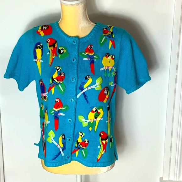 Susan Bristol Sweaters - Vintage 1999 Susan Bristol Short Sleeve Button Down Sweater with Parrots Small